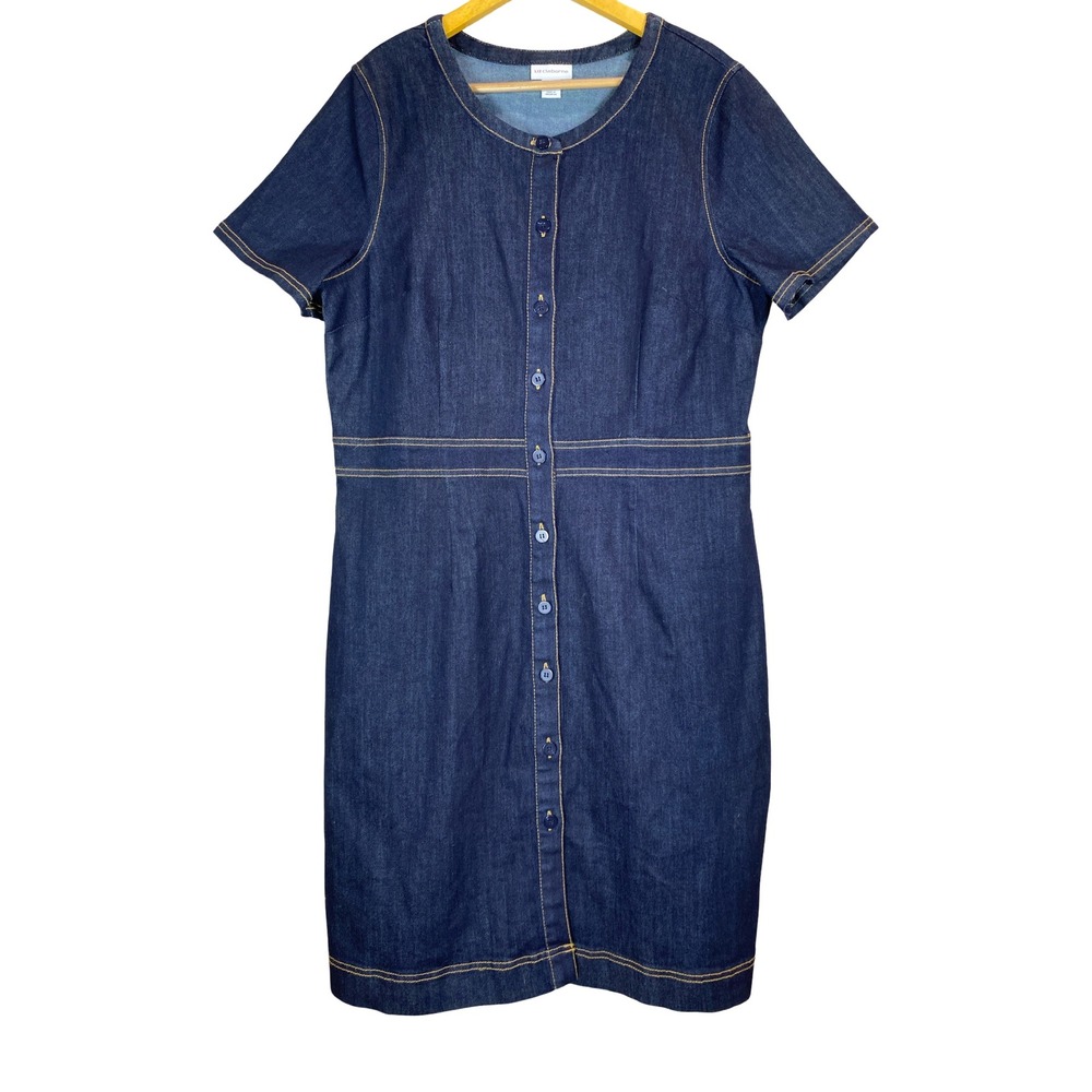 Liz Claiborne Womens Dark Wash Denim Button Front Short Sleeve Shift Dress 16